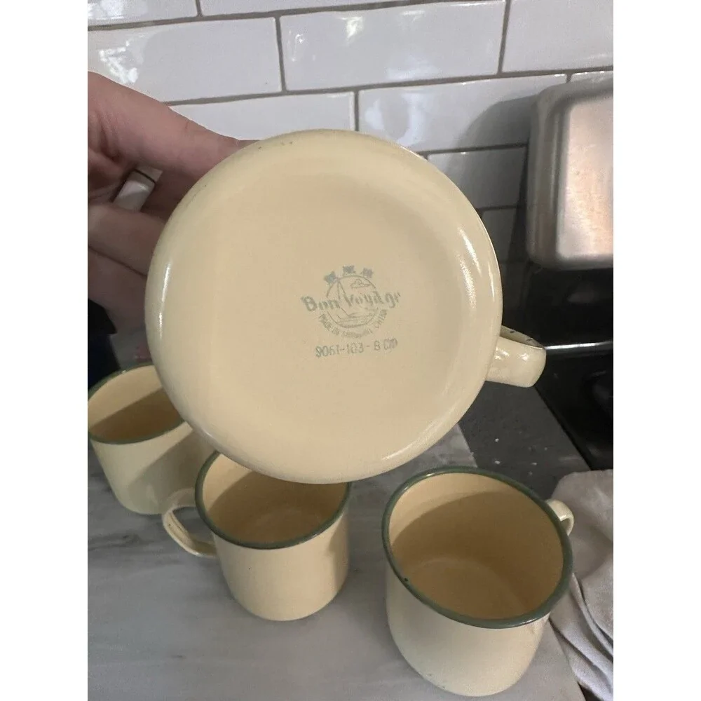Vintage ENAMEL 6 Cups Yellow Green Rim Enamelware Metal Bon Voyage